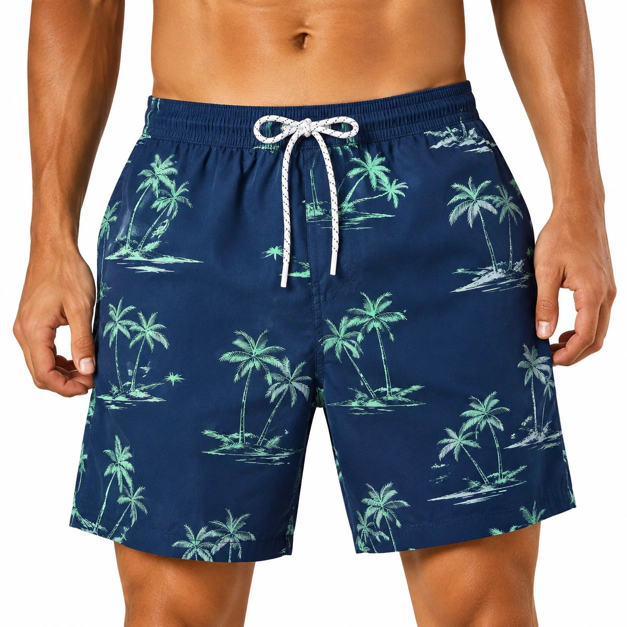Herren-Badeshorts Größe L aus Synthetikgewebe in Dunkelblau mit Palmenmuster und Kordelzug