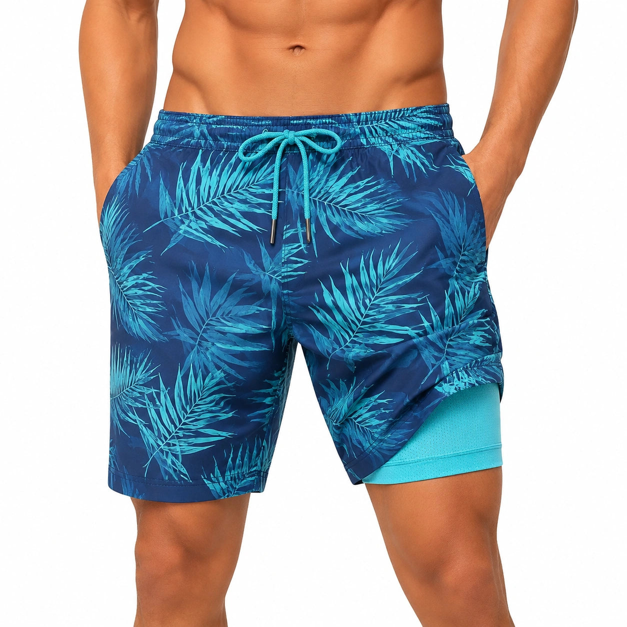 Herren Badeshorts XL aus Synthetik Blau Türkis mit Blattmuster