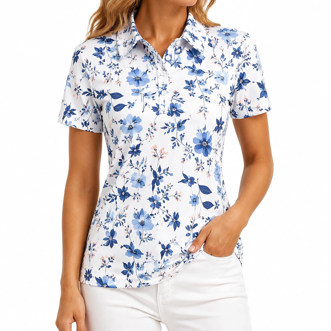 Damen Poloshirt Größe M Weiß Blau Blumenmuster Kurzarm klassisch