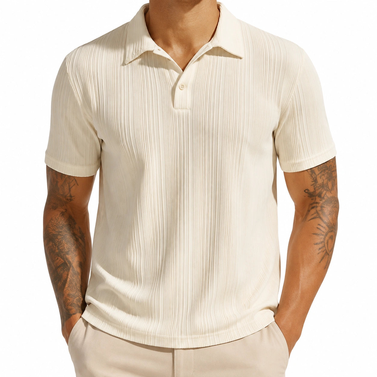 Herren Poloshirt Größe L Cremeweiß Strukturstoff kurzarm