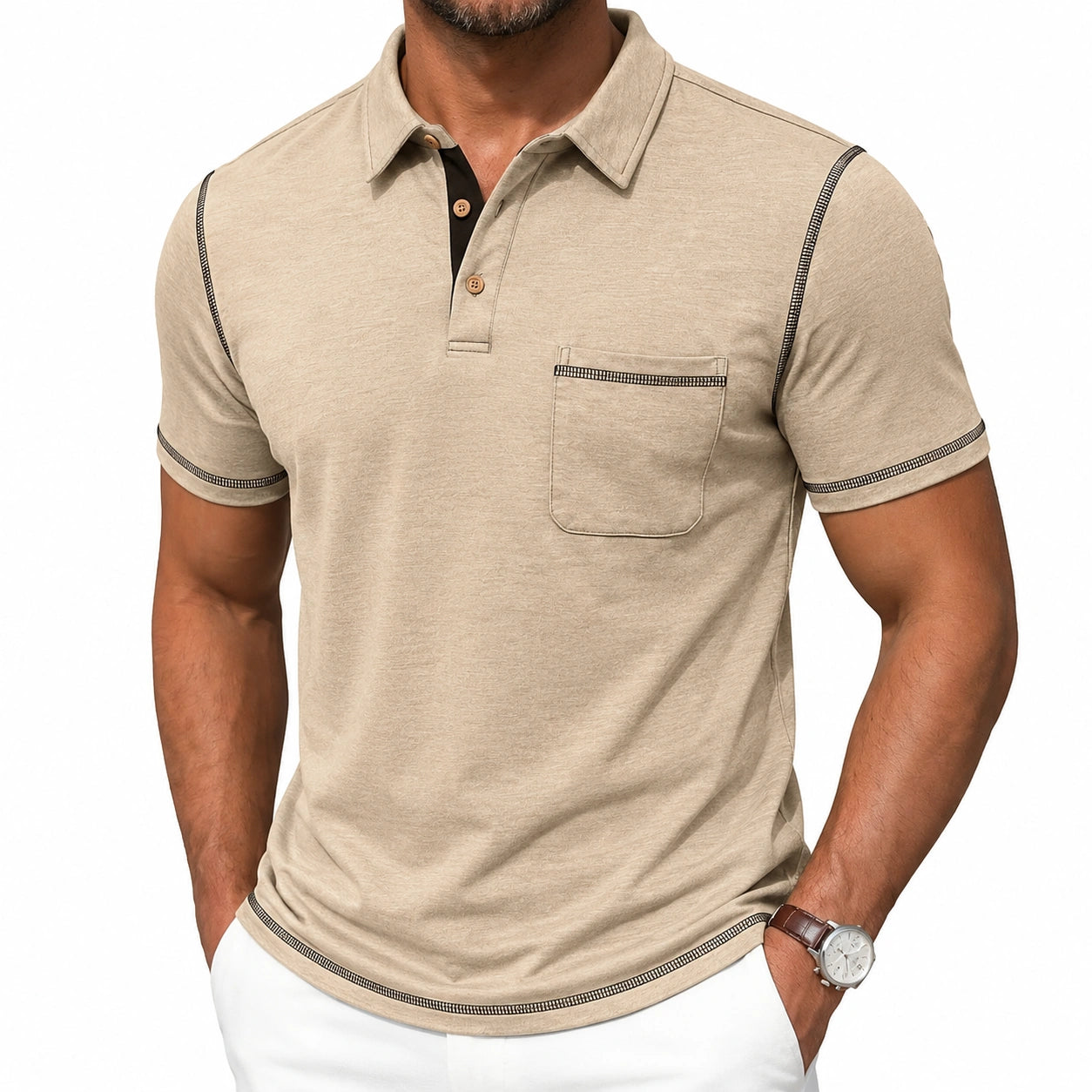 Herren Poloshirt L Beige aus Textilgewebe mit Brusttasche sportlich