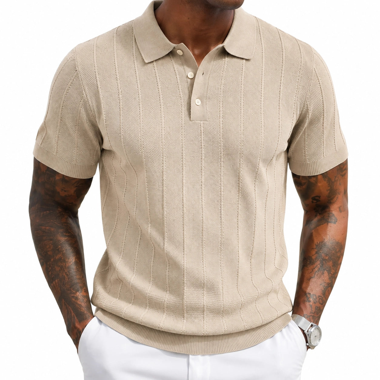 Herren Poloshirt XL Beige aus Strick mit Strukturmuster