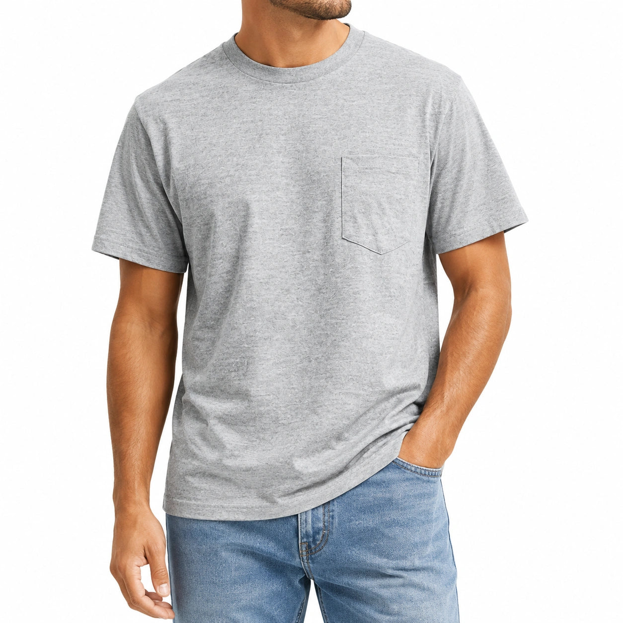 Herren T-Shirt Größe L Grau mit Brusttasche Kurzarm Rundhals Freizeit