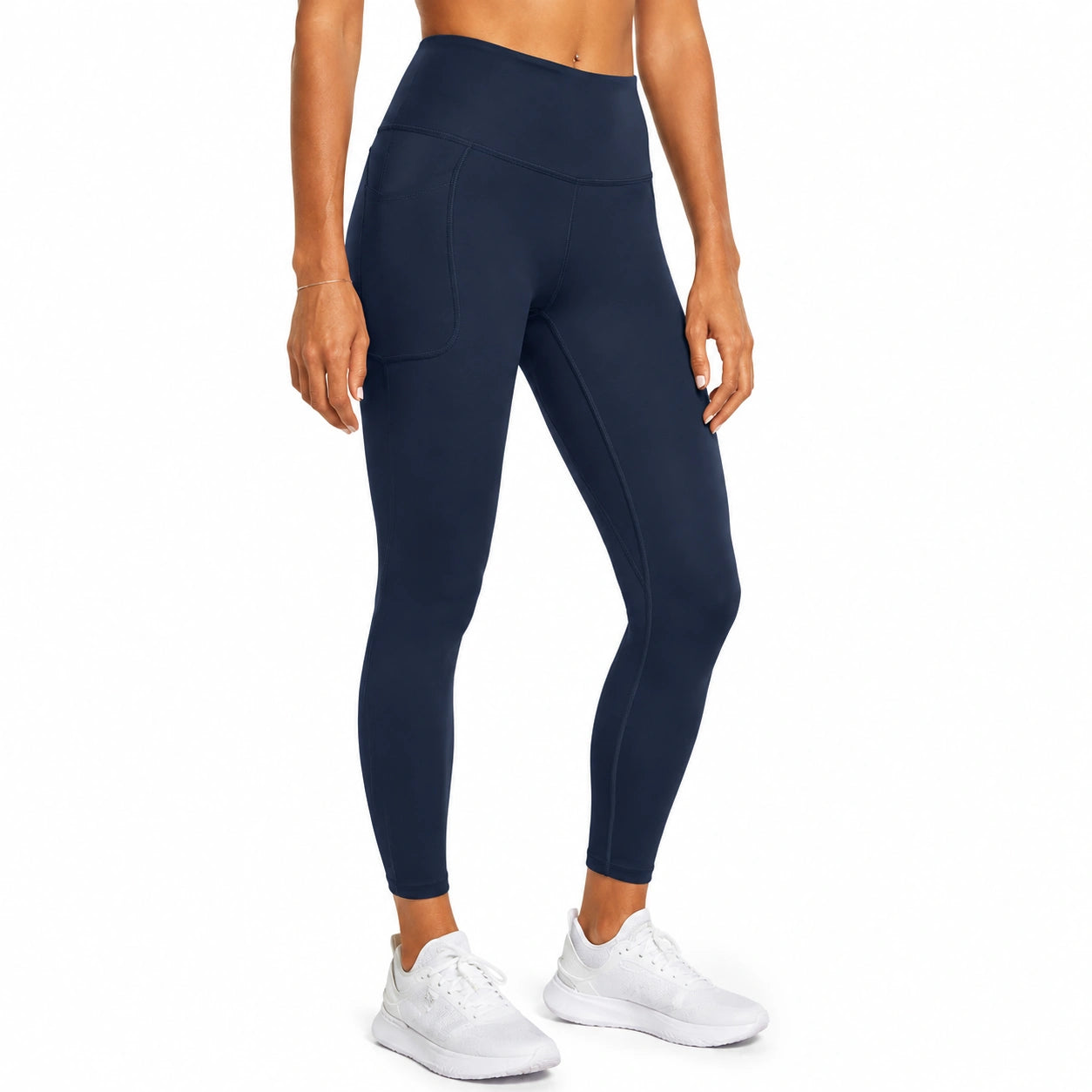 Damen Sportleggings Größe L aus elastischem Synthetikstoff in Dunkelblau mit hoher Taille und Seitentasche